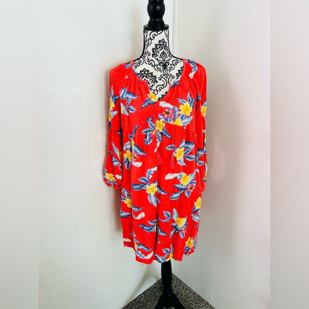 Old Navy Women’s Tropical Floral Peasant Tasseled 3/4 Sleeve Mini Swing Dress M - Picture 6 of 11